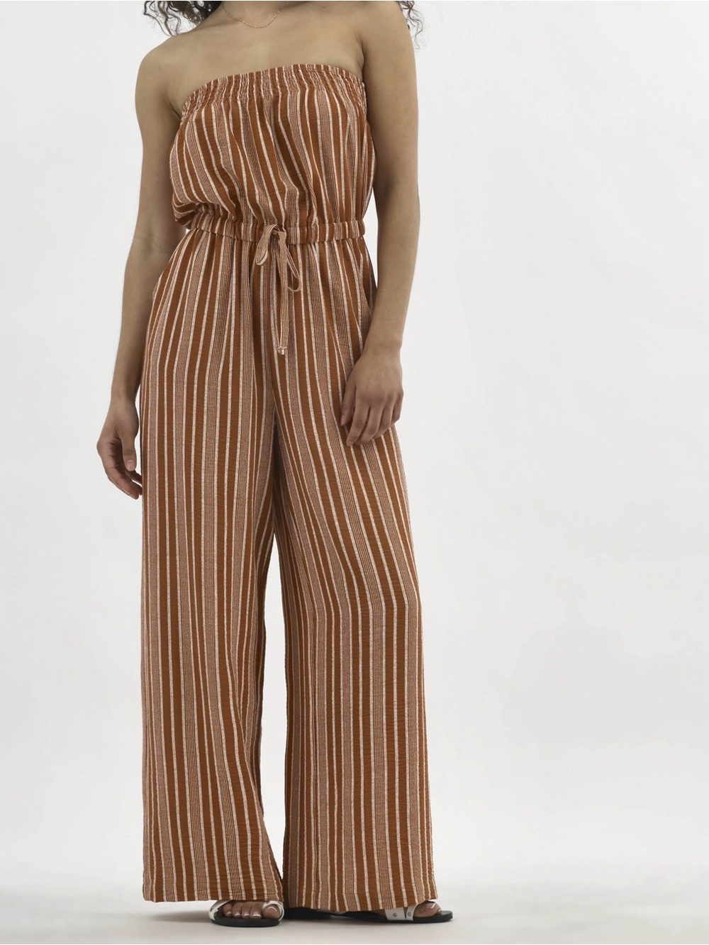 No Boundaries Rust and White Strapless Wide-Leg Jumpsuit